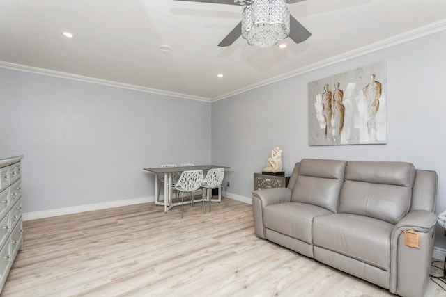 352 N State Rd Unit 2H, Briarcliff Manor, NY 10510 - living area with a ceiling fan, crown molding, wood finished floors, baseboards, and recessed lighting