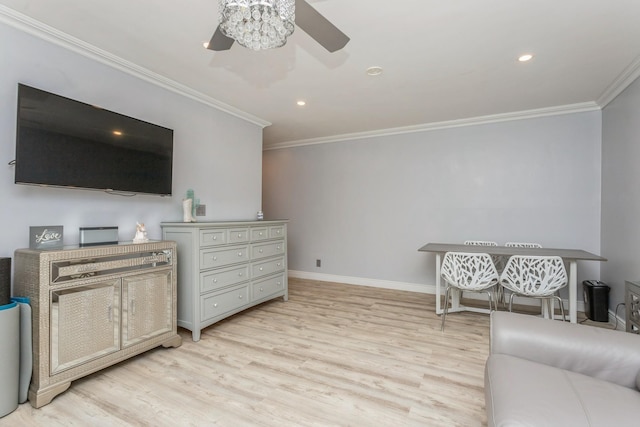 352 N State Rd Unit 2H, Briarcliff Manor, NY 10510 - living area featuring light wood-style flooring, ornamental molding, ceiling fan, baseboards, and recessed lighting