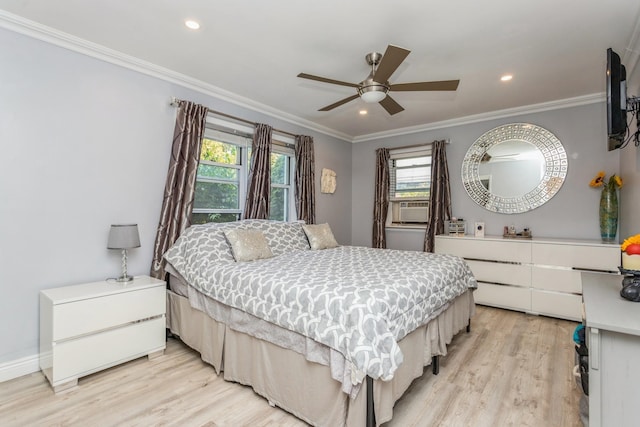 352 N State Rd Unit 2H, Briarcliff Manor, NY 10510 - bedroom featuring light wood-style floors, crown molding, cooling unit, recessed lighting, and a ceiling fan
