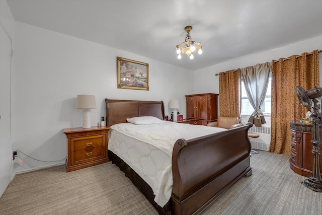 23-19 93rd St, East Elmhurst, NY 11369 - bedroom featuring light carpet, a chandelier, and radiator heating unit