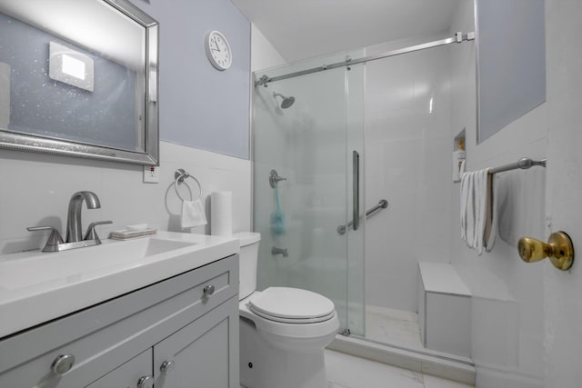 23-19 93rd St, East Elmhurst, NY 11369 - full bath featuring toilet, vanity, a stall shower, and marble look tile flooring