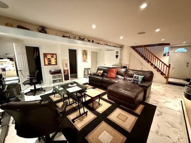 215-48 24th Ave, Bayside, NY 11360 - living area featuring stairs, recessed lighting, and marble look tiles