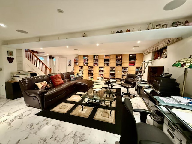 215-48 24th Ave, Bayside, NY 11360 - living room featuring stairway, marble look tile flooring, and recessed lighting