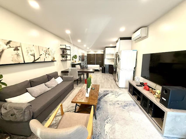 215-48 24th Ave, Bayside, NY 11360 - living area featuring a wall mounted air conditioner, light wood-type flooring, and recessed lighting