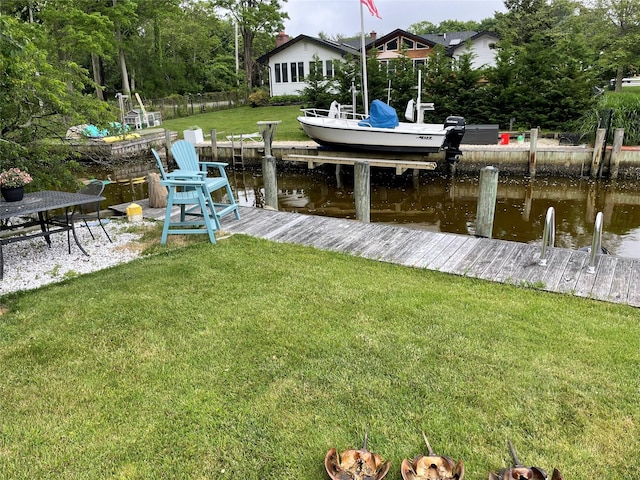 2 Merritt Ln, Center Moriches, NY 11934 - dock featuring a water view and a lawn