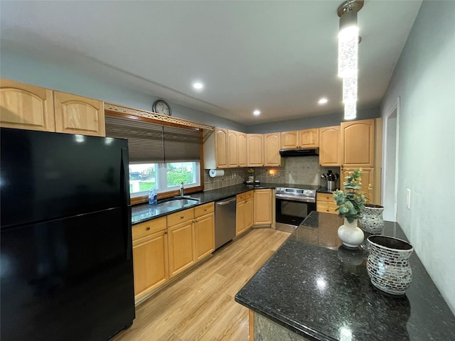 2 Merritt Ln, Center Moriches, NY 11934 - kitchen featuring appliances with stainless steel finishes, light brown cabinetry, light wood finished floors, decorative backsplash, and recessed lighting