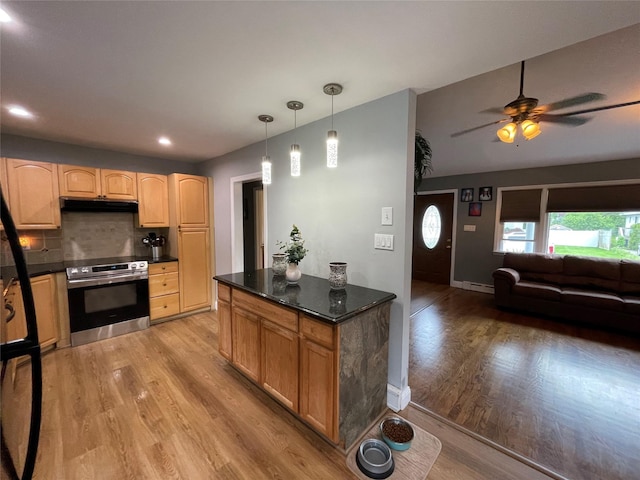 2 Merritt Ln, Center Moriches, NY 11934 - kitchen featuring wall oven, light wood-type flooring, under cabinet range hood, a ceiling fan, and recessed lighting