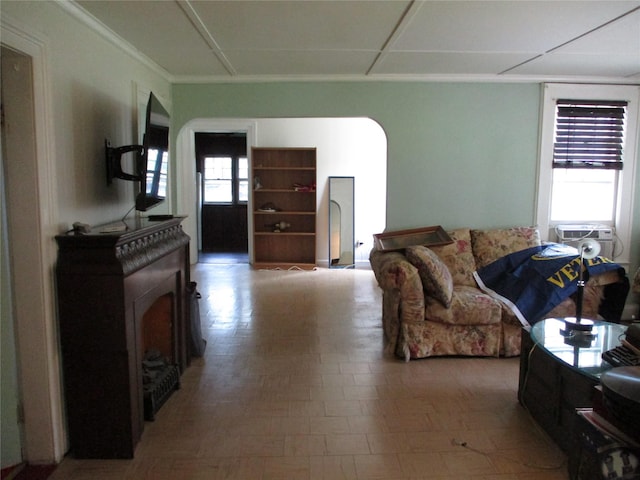 2 Van Wardt Pl, Tappan, NY 10983 - living room with cooling unit, crown molding, and arched walkways