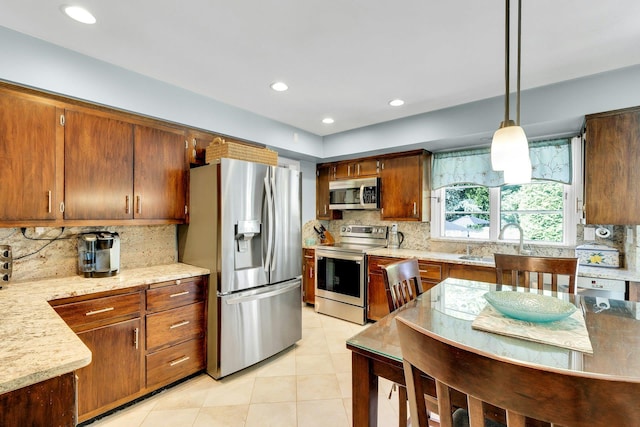 7 Woods Rd, Locust Valley, NY 11560 - kitchen featuring stainless steel appliances, a sink, backsplash, light tile patterned floors, and recessed lighting