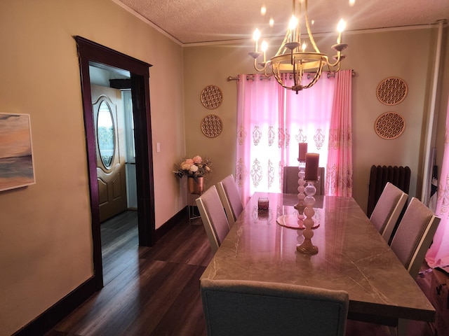 30 Royce Ave, Middletown, NY 10940 - dining space with a chandelier, dark wood-style flooring, radiator heating unit, crown molding, and a textured ceiling