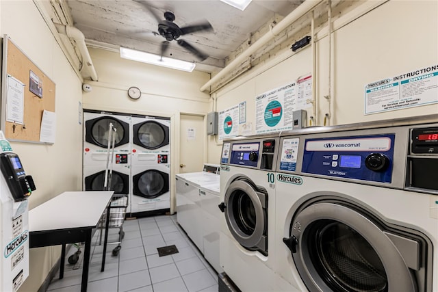 277 Bronx River Rd Unit 2A, Yonkers, NY 10704 - shared laundry room featuring stacked washing machine and dryer, washer and dryer, light tile patterned flooring, and a ceiling fan