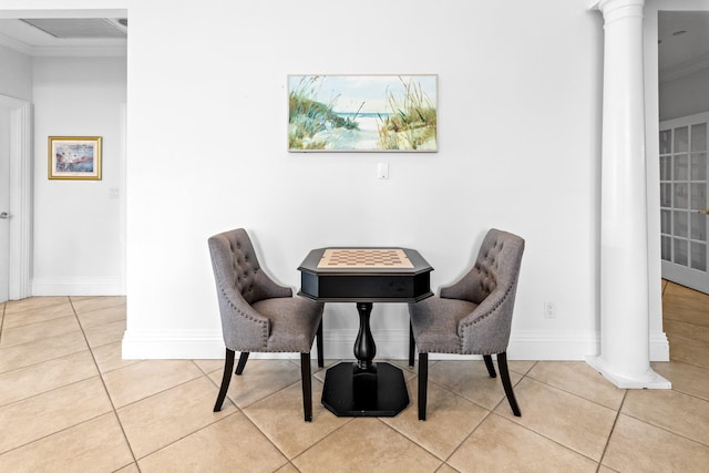 8 Lakeview Ct, Riverhead, NY 11901 - tiled dining space with ornate columns, ornamental molding, and baseboards