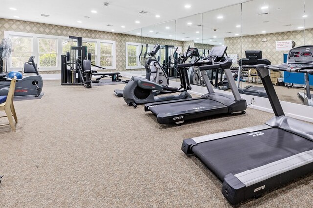 8 Lakeview Ct, Riverhead, NY 11901 - workout area with wallpapered walls, carpet, and baseboards