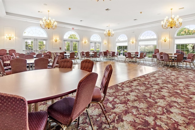8 Lakeview Ct, Riverhead, NY 11901 - dining space featuring a chandelier, ornamental molding, and french doors