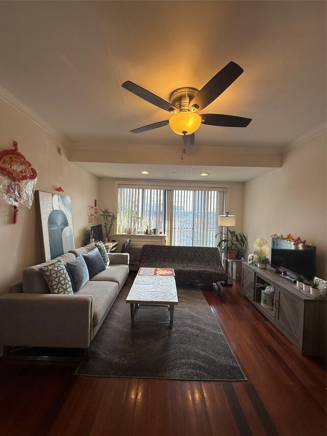41-05 College Point Blvd Unit 3Fl, Flushing, NY 11355 - living room featuring wood finished floors, a ceiling fan, and crown molding