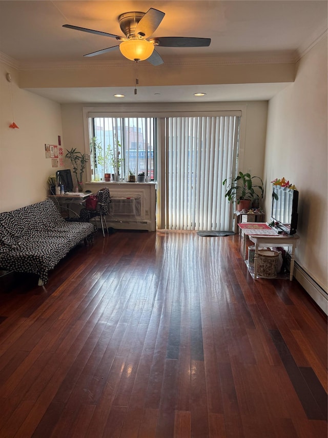 41-05 College Point Blvd Unit 3Fl, Flushing, NY 11355 - living room with a ceiling fan, hardwood / wood-style flooring, crown molding, and a baseboard radiator