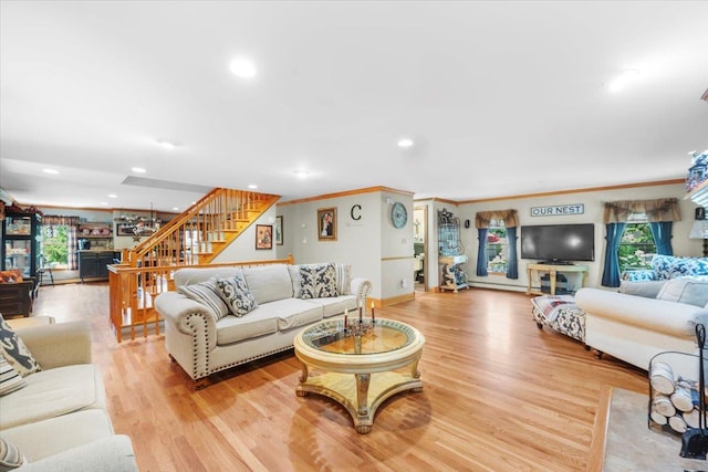 278 Gibson Hill Rd, Chester, NY 10918 - living area featuring ornamental molding, stairs, light wood finished floors, recessed lighting, and baseboards