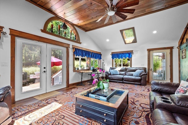 278 Gibson Hill Rd, Chester, NY 10918 - living room with lofted ceiling, a skylight, french doors, recessed lighting, and a ceiling fan