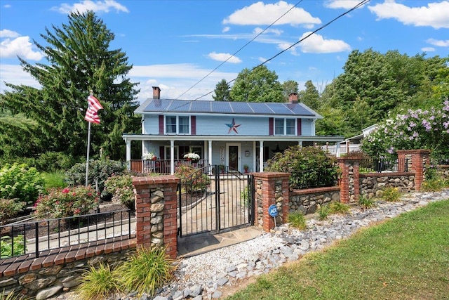 278 Gibson Hill Rd, Chester, NY 10918 - view of front of house with a porch, a chimney, and a fenced front yard