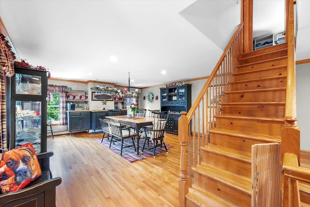278 Gibson Hill Rd, Chester, NY 10918 - dining space featuring stairs, ornamental molding, light wood-style floors, and recessed lighting