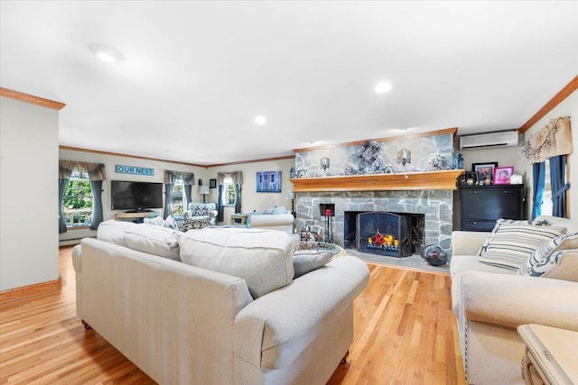 278 Gibson Hill Rd, Chester, NY 10918 - living area with ornamental molding, a wall mounted air conditioner, wood finished floors, a fireplace, and recessed lighting