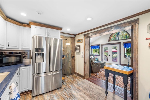 278 Gibson Hill Rd, Chester, NY 10918 - kitchen featuring stainless steel fridge, french doors, ornamental molding, white cabinetry, and baseboards