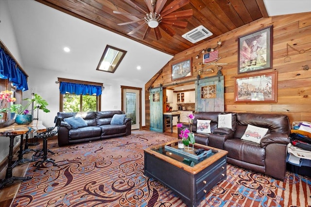 278 Gibson Hill Rd, Chester, NY 10918 - living area with lofted ceiling, wooden walls, recessed lighting, a ceiling fan, and wood ceiling