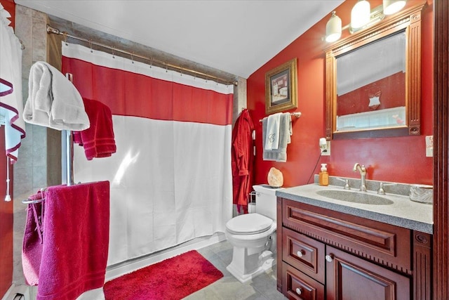 278 Gibson Hill Rd, Chester, NY 10918 - full bath with vanity, toilet, a baseboard heating unit, a shower with shower curtain, and tile patterned floors