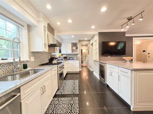 352 Mill Spring Rd, Manhasset, NY 11030 - kitchen with wine cooler, a sink, stainless steel appliances, dark tile patterned floors, and open shelves