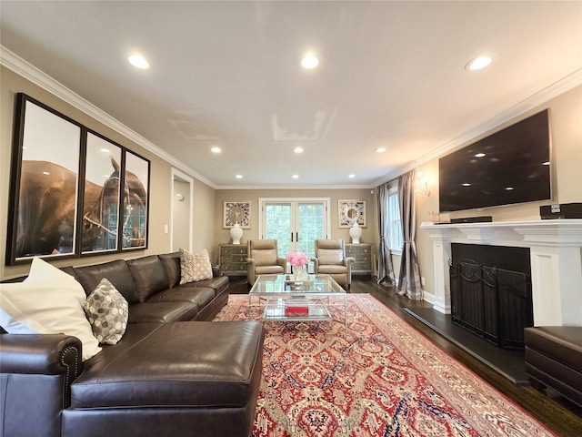 352 Mill Spring Rd, Manhasset, NY 11030 - living area featuring recessed lighting, ornamental molding, wood finished floors, a fireplace with raised hearth, and baseboards