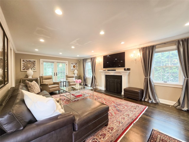 352 Mill Spring Rd, Manhasset, NY 11030 - living room with crown molding, recessed lighting, baseboards, dark wood-style floors, and a fireplace