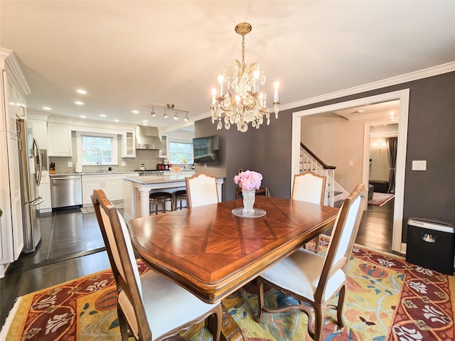 352 Mill Spring Rd, Manhasset, NY 11030 - dining space with dark wood-style floors, ornamental molding, a chandelier, stairway, and recessed lighting