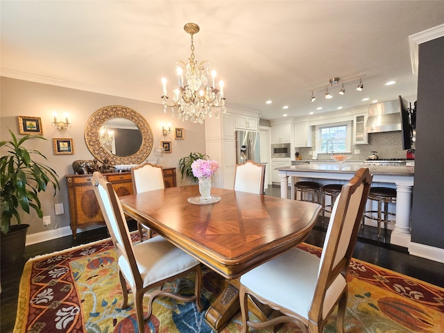 352 Mill Spring Rd, Manhasset, NY 11030 - dining room featuring dark wood finished floors, a chandelier, baseboards, recessed lighting, and ornamental molding