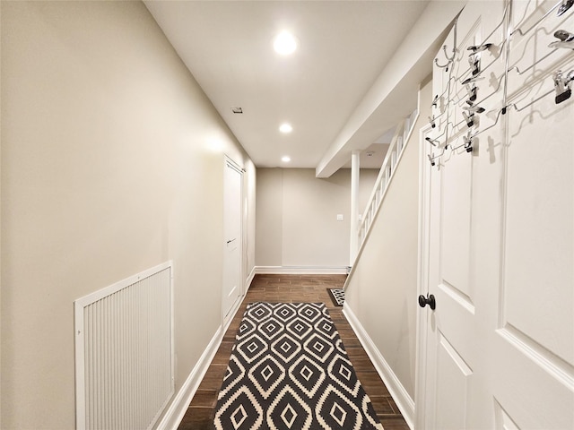 352 Mill Spring Rd, Manhasset, NY 11030 - hallway with dark wood-style flooring, recessed lighting, and baseboards