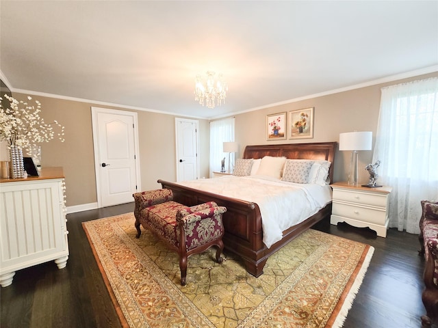 352 Mill Spring Rd, Manhasset, NY 11030 - bedroom with dark wood finished floors, crown molding, a chandelier, and baseboards