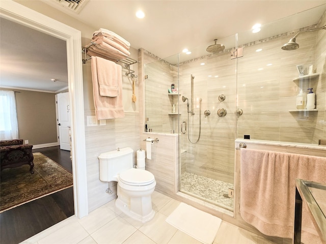 352 Mill Spring Rd, Manhasset, NY 11030 - bathroom with tile patterned flooring, a stall shower, toilet, crown molding, and recessed lighting