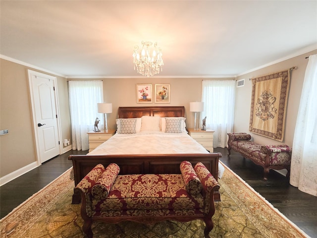 352 Mill Spring Rd, Manhasset, NY 11030 - bedroom with dark wood finished floors, crown molding, baseboards, and a chandelier