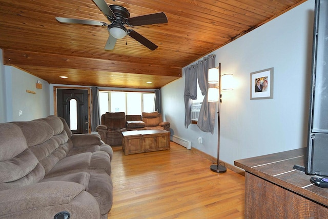 187 Smith Ave, Islip, NY 11751 - living area featuring wood ceiling, a baseboard heating unit, light wood finished floors, and ceiling fan