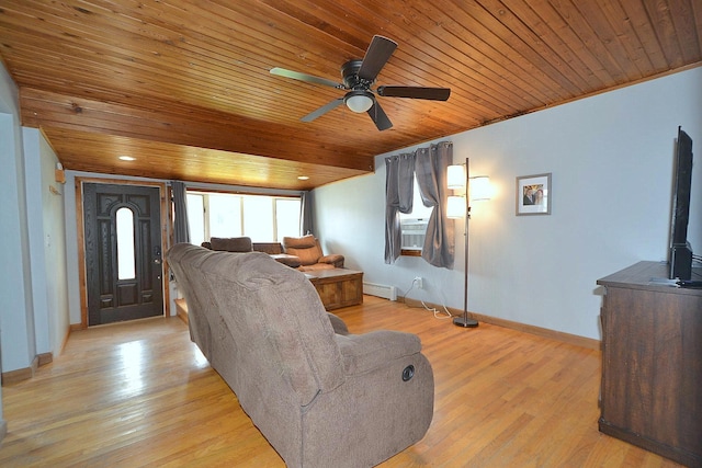 187 Smith Ave, Islip, NY 11751 - living area with wooden ceiling, baseboard heating, a ceiling fan, light wood-style flooring, and cooling unit