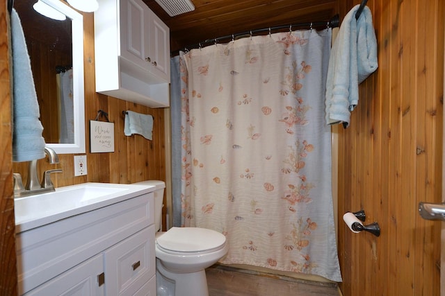 187 Smith Ave, Islip, NY 11751 - full bath with wooden walls, vanity, wood ceiling, wood finished floors, and curtained shower