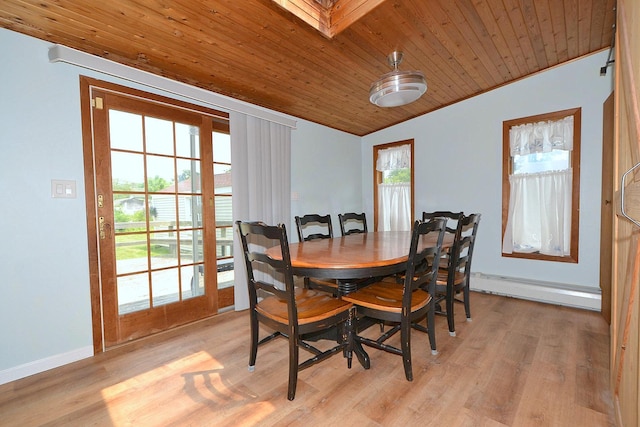 187 Smith Ave, Islip, NY 11751 - dining space with wooden ceiling, a baseboard radiator, vaulted ceiling, and light wood finished floors