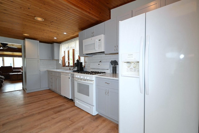 187 Smith Ave, Islip, NY 11751 - kitchen featuring white appliances, wood ceiling, ceiling fan, light countertops, and tasteful backsplash