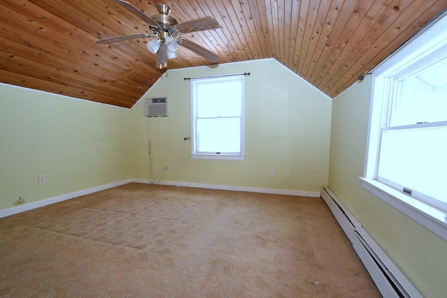 187 Smith Ave, Islip, NY 11751 - bonus room featuring a baseboard radiator, lofted ceiling, a wall mounted AC, carpet flooring, and wood ceiling