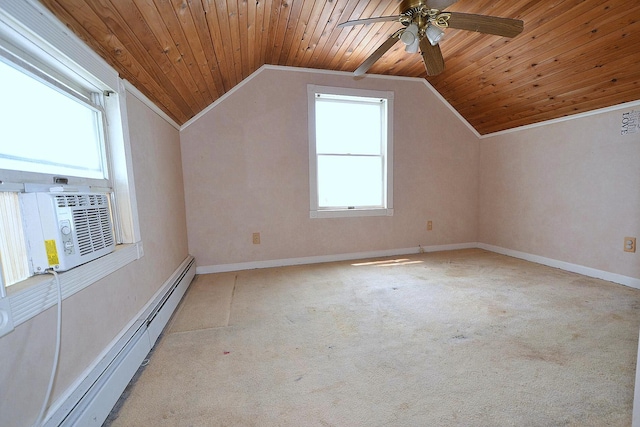 187 Smith Ave, Islip, NY 11751 - additional living space with a baseboard heating unit, vaulted ceiling, wood ceiling, a ceiling fan, and carpet floors
