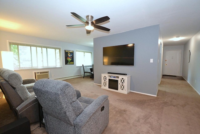 2449 Union Blvd # 39B, Islip, NY 11751 - carpeted living area featuring a baseboard radiator, ceiling fan, and a wall mounted AC