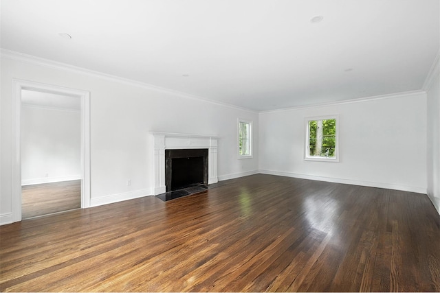 45 Fenimore Rd, New Rochelle, NY 10804 - unfurnished living room with dark wood finished floors, a fireplace with flush hearth, and crown molding
