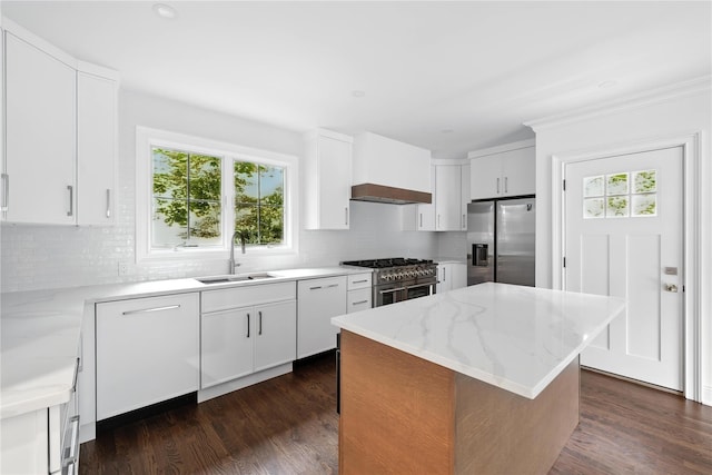 45 Fenimore Rd, New Rochelle, NY 10804 - kitchen featuring appliances with stainless steel finishes, extractor fan, tasteful backsplash, and light stone countertops