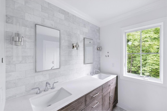 45 Fenimore Rd, New Rochelle, NY 10804 - bathroom with crown molding, double vanity, tasteful backsplash, and an enclosed shower