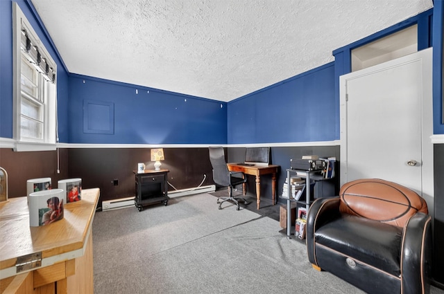 57 Panorama Dr, Patterson, NY 12563 - office space featuring baseboard heating, a textured ceiling, and carpet