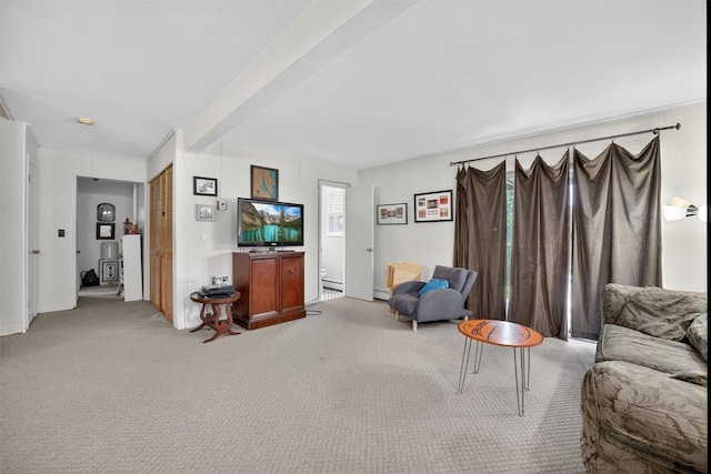 57 Panorama Dr, Patterson, NY 12563 - living area featuring light colored carpet, baseboard heating, and beam ceiling